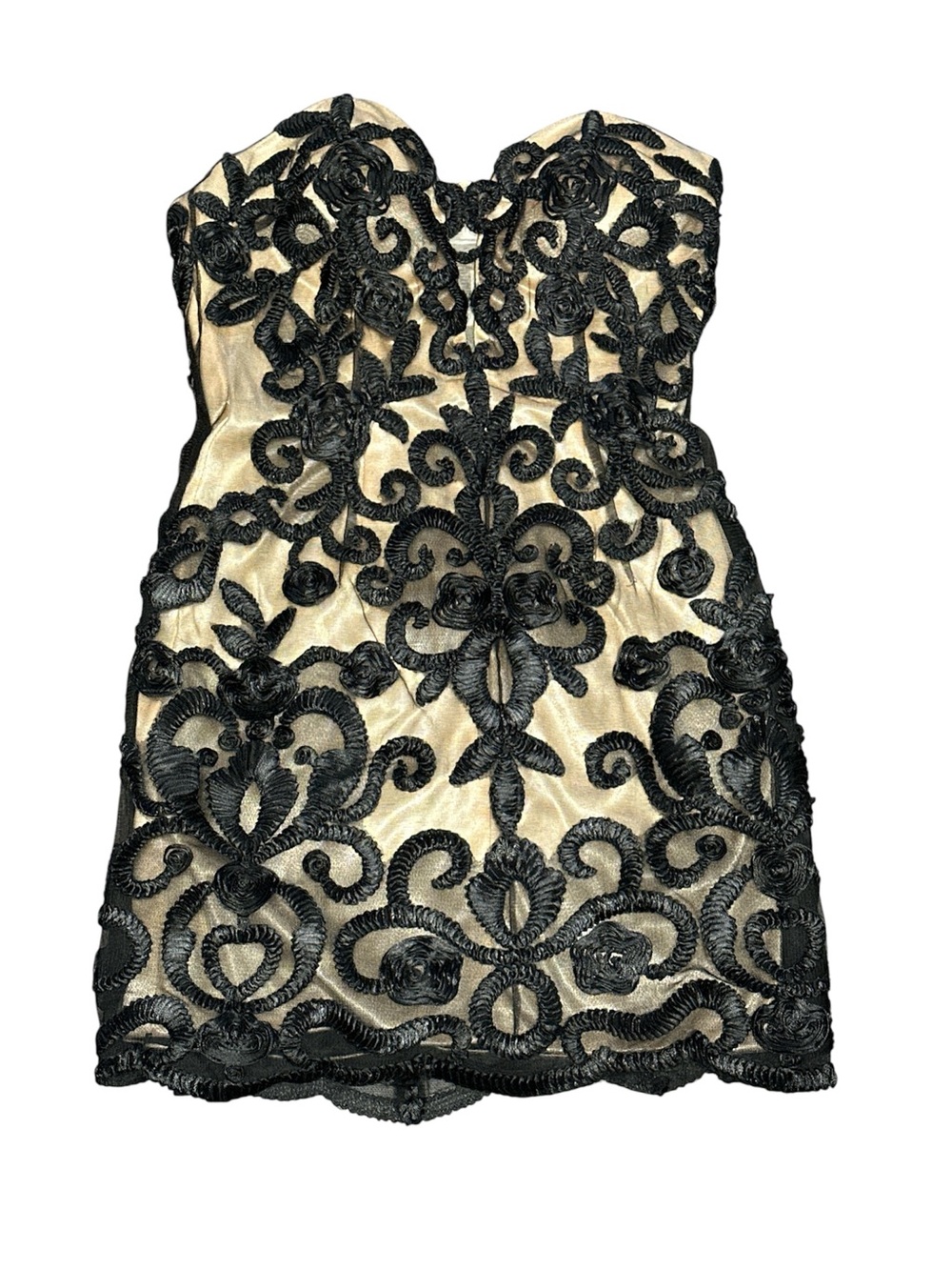 Mon Cheri sz4 elegant strapless lace mini dress black overlay nude lining party